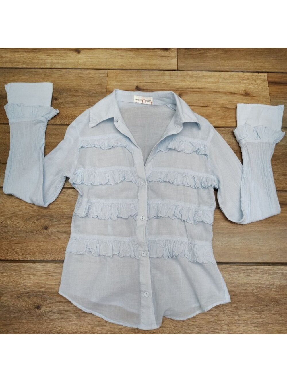 Rebecca Beeson Light Blue Ruffle Gauze Tiered Blouse Sheer Coquette Small
